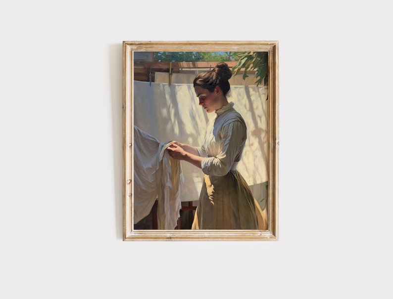 May include: A painting of a woman in a white dress and a yellow skirt, standing in a sunlit room, hanging laundry on a clothesline.
