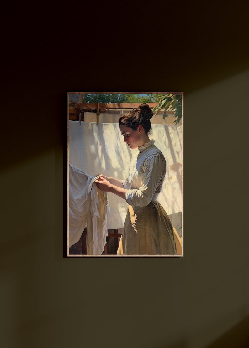 May include: A painting of a woman in a white blouse and brown skirt, standing in a sunlit outdoor setting, holding a white cloth. The woman is looking down at the cloth, and the background is a blurry image of trees and a clothesline with white sheets hanging on it.