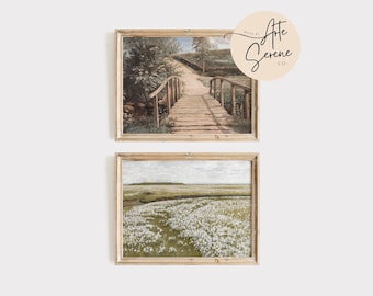 Landschaft Wandkunst SET von 2 druckbare digitale Download Kunstdrucke Vintage Frühling Landschaft Wanddekor Land Bauernhaus Landschaft