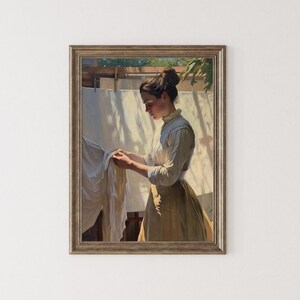 May include: A painting of a woman in a white blouse and a long brown skirt, standing in a sunlit room, holding a white sheet. The sheet is hanging on a clothesline in the background.