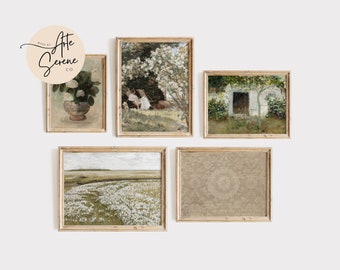 PRINTABLE Wall Art SET OF 5 Vintage Art Prints Cottagecore Decor Digital Download Art for Print Landscape Printable Art Set Neutral Prints