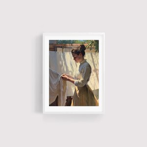 May include: A woman in a white blouse and brown skirt stands in a sunlit courtyard, holding a white sheet of fabric. The sheet is hanging on a clothesline, and the woman is adjusting it.