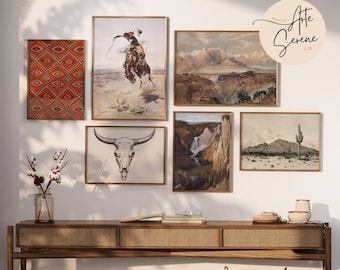 May include: A collection of six framed prints with western and nature themes. The prints include a cowboy riding a horse, a desert landscape, a waterfall in a canyon, a cactus in the desert, a skull, and a geometric pattern.