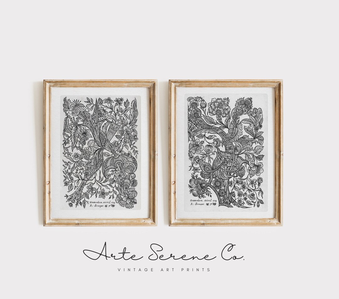 Minimalist Wall Art SET of 2 Vintage Textile Prints, Black and White ...