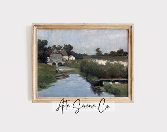 Vintage Bauernhaus Landschaft Druck Digitaler Download druckbare Wandkunst Vintage Ölgemälde Landschaft Kunstdruck Rustikale Land Wandkunst