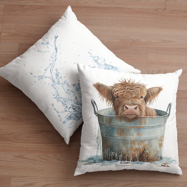 Baby Highland Cow taking a bath, Wooly Cow 1 pillow double sided