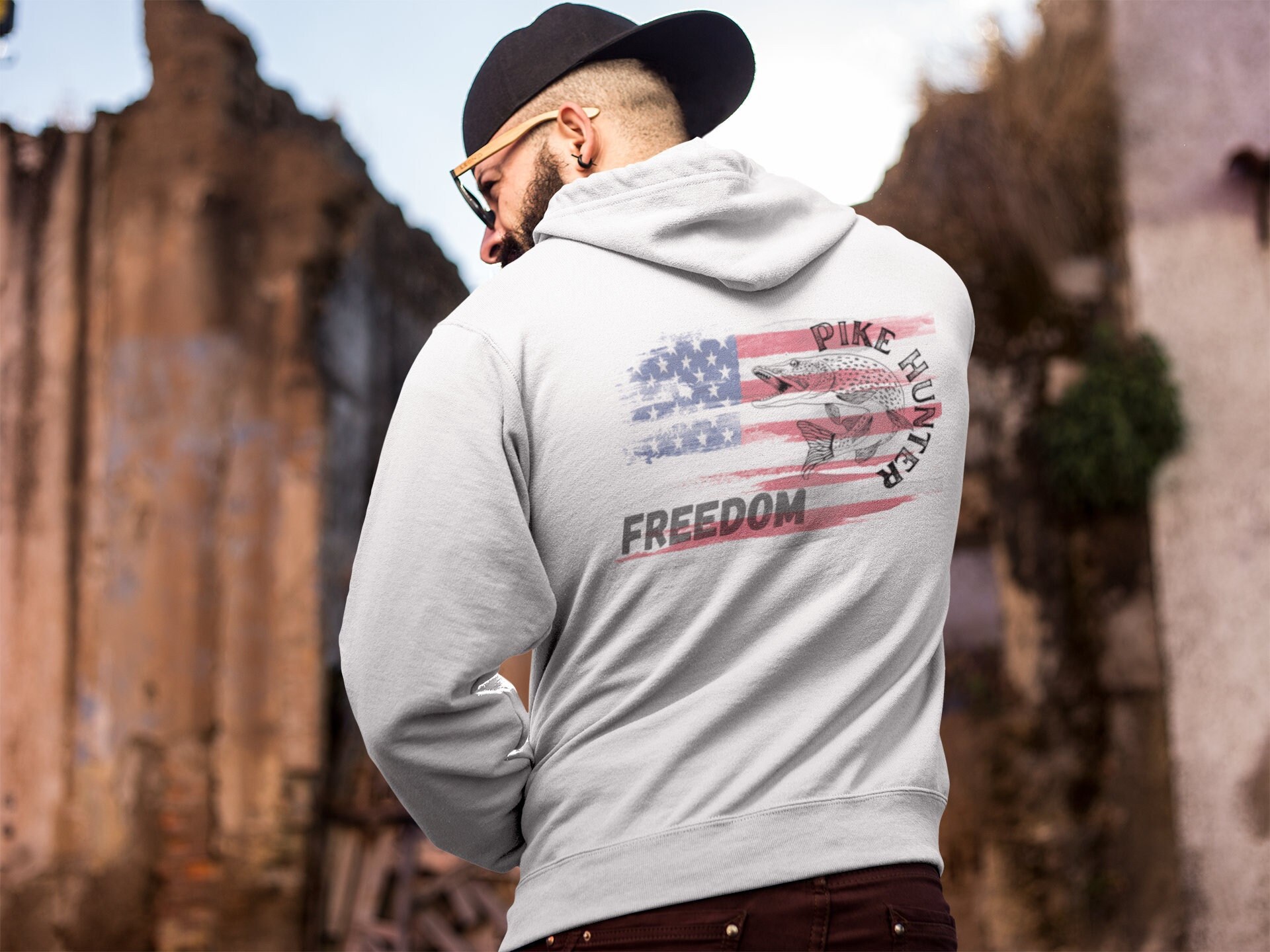 Pike Hunter Freedom Hooded Sweatshirt, Us Flag, Fishing Sweatshirt