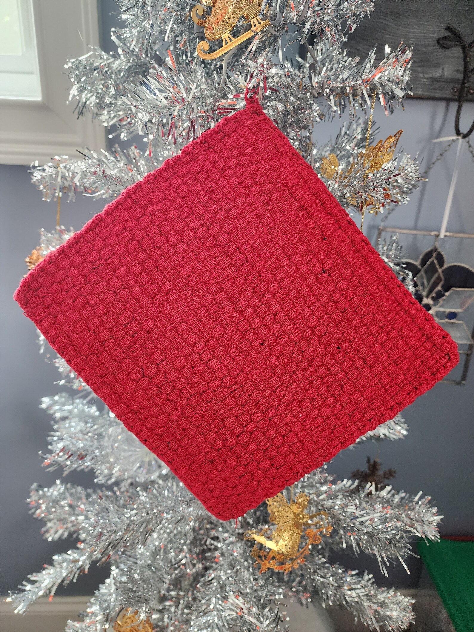 Potholders, Large 8x8, Set of Two Homemade Loom Potholders, Red and