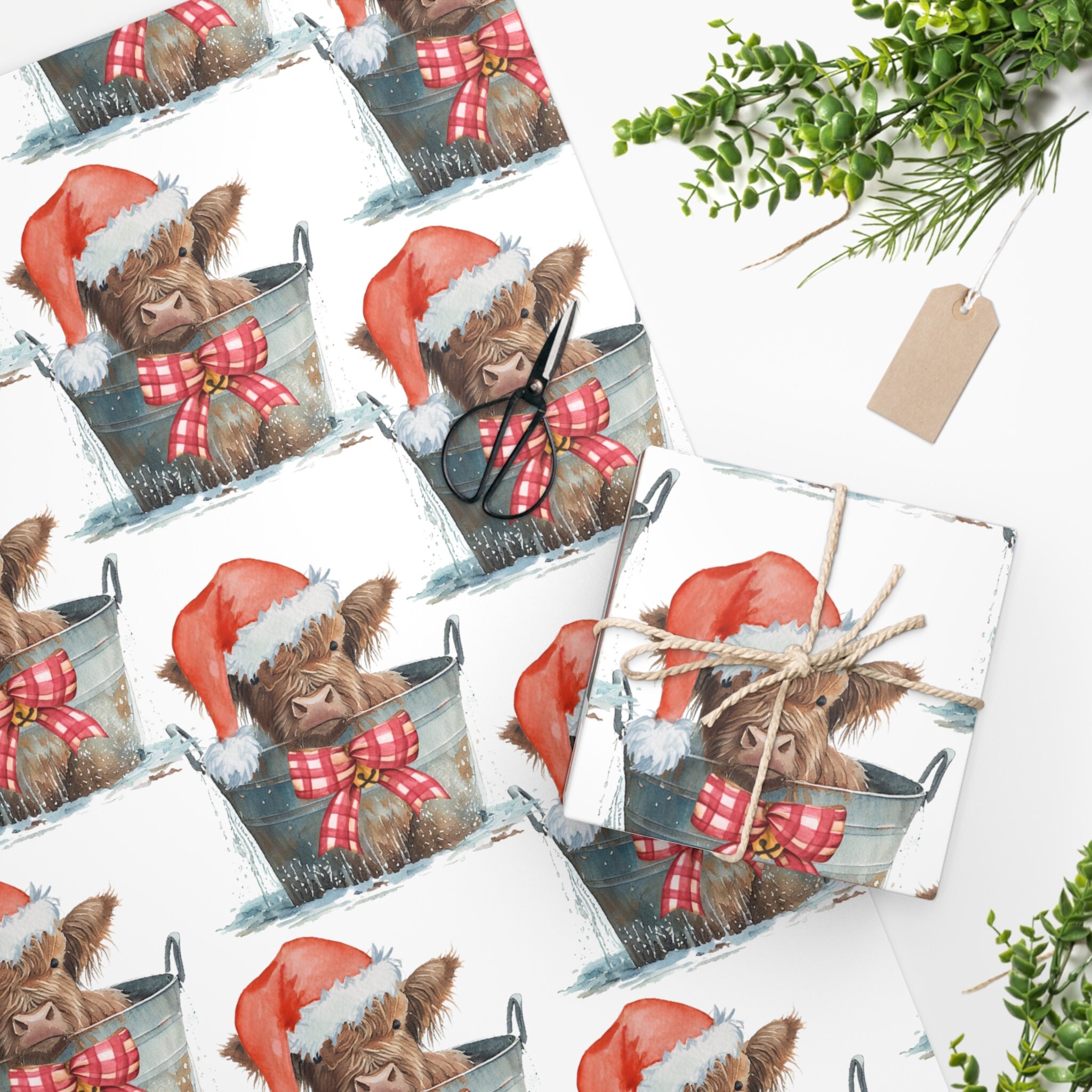 Christmas Highland Cow Wrapping Paper Roll, Baby Highland Cow Gift Wrap,  Highland Cow for Your Gift Wrapping Highland Cows Gifts a Santa Hat 