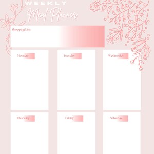 Weekly Meal Plan Printable Floral Pink