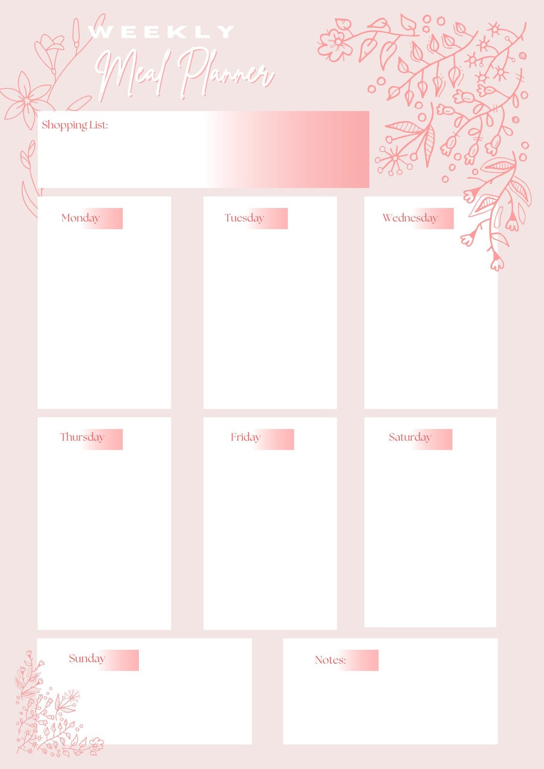 Weekly Meal Plan Printable Floral Pink - Etsy Australia