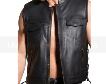 Vintage Black Buffalo Leather Biker Vest: Customized Motorcycle Waistcoat
