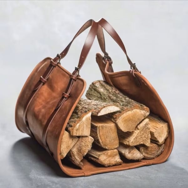 Leather Wood Carrier, Log Carrie Leather Bag, 100% Real Cowhide Leather, Firewood Carrier, Vintage Bag, Hand Made Heavy Duty, Gift for Men.