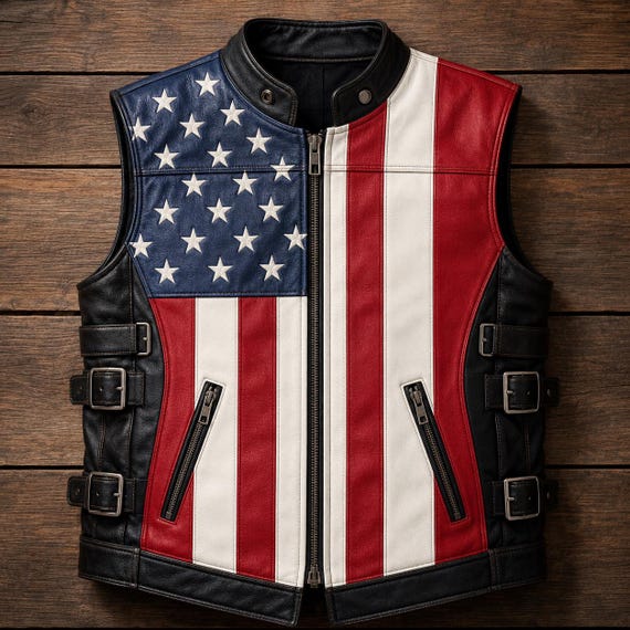 USA Flag Leather Vest for Men, American Flag Biker Vest, Patriotic Motorcycle Vest, Genuine Leather Riding Vest, Fourth of July Outfit