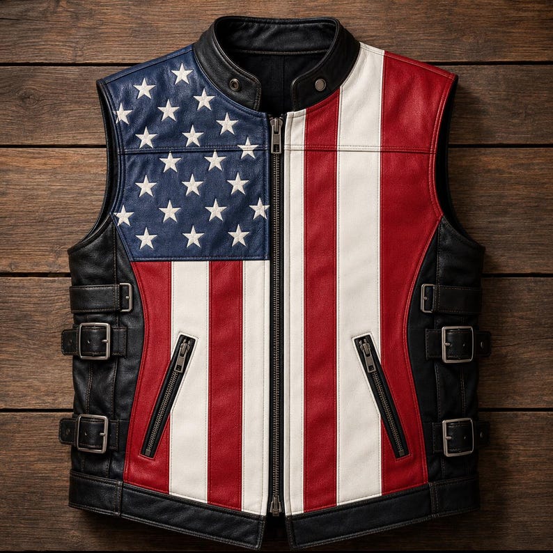 May include: A leather vest with a design of the American flag. The vest has a black collar and trim, with a blue panel of stars and red and white stripes. It has a zip closure and two zipped pockets. The vest has adjustable buckles on the sides.