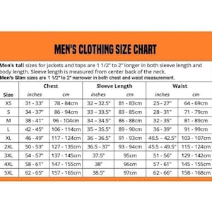 May include: A men's clothing size chart displaying chest, sleeve, and waist measurements in inches and centimetres. Sizes range from XS to 5XL, with corresponding measurements. Includes notes on tall and slim fit sizes for jackets and tops.