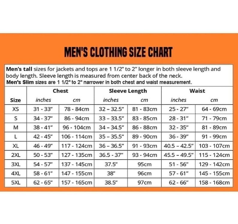 May include: A men's clothing size chart displaying chest, sleeve, and waist measurements in inches and centimetres. Sizes range from XS to 5XL, with corresponding measurements. Includes notes on tall and slim fit sizes for jackets and tops.