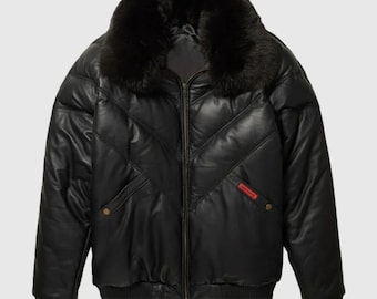 Goose Down Sheepskin Leather Bomber Jacket with Fur Collar