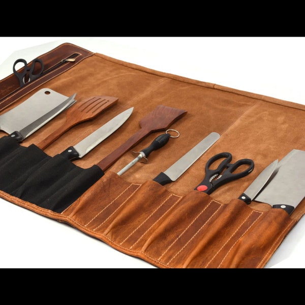 Rouleau de couteaux en cuir, étui à couteaux de chef, rouleau de couteaux personnalisé, rouleau de couteaux de chef, sac de chef, sac de couteaux de chef, sac de rangement de couteaux, cadeau pour lui chef