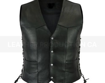Vintage Black Buffalo Leather Biker Vest - Side Lace Detail