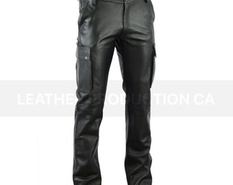 Handmade Lambskin Leather Biker Pants: Black Cargo Style