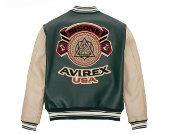 Giacca Bison Varsity, giacca edizione USA, giacca in pelle Varsity, giacca in pelle Team Bisons, giacca con ricamo in ciniglia. Giacca verde.