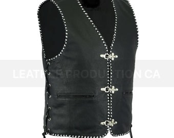 Men Black Distressed Leather Vest With Hooks & Buckles Closure, Bikers Vest, Black Leather Vest, Bikers Vest, Leather Vest, Gift For Him.