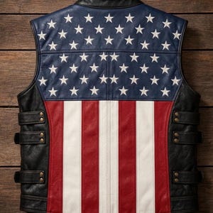 May include: Leather vest with a patriotic design. The back features a blue panel with white stars, red and white stripes, and black leather sides with adjustable straps. The vest is designed to be worn as outerwear.