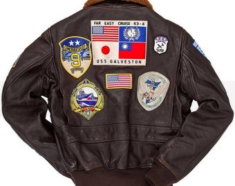 Chaqueta de cuero real Maverick T-G Cruise Pilot Flight Bomber de cuero de vaca para hombre-Chaqueta de cuero Pete Maverick Tom Cruise con parches bordados