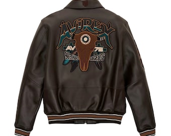 Buffalo Legend A2 Jacke, Jacke in brauner Farbe, Lederjacke, Stickereijacke, Herrenlederjacke, Geschenk für Ihn