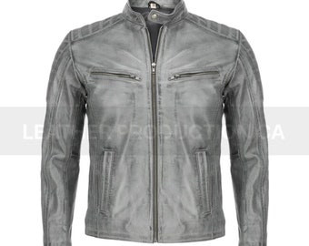 May include: A gray leather jacket with a zipper closure and multiple pockets.