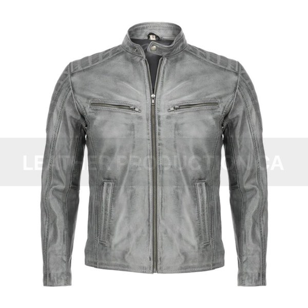 Mens Genuine Leather Biker Jacket Grey | Vintage Gray Distressed Lambskin Motorcycle Jackets for Men Gift For Him