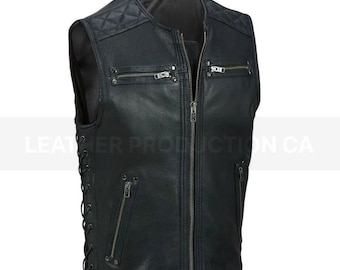 Handmade Black Leather Biker Vest: Buffalo Leather, Side Lace