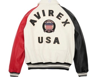 Icon Leather Jacket, Jacket In Blue And White Color With Red & Black Sleeves, Military Bomber Jacket USA Edition, Gift For Him