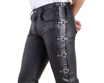 Men's Slim Fit Black Leather Pants: Buckle Accent, Biker Style
