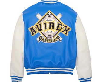 Lederjacke in Blau-Weiß, Baseballjacke, klassische USA-Jacke aus 100% Originalleder, Modejacke, Geschenk für ihn