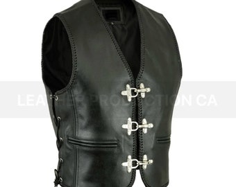 Men V-Neck Black Distressed Leather Vest With Hooks & Buckles Closure, Braided Borders And Side Laces, Bikers Vest, Gift For Him.