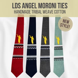 May include: Four handmade tribal weave cotton ties in red, navy, gray, and teal. Each tie features a yellow angel figure and a patterned design. The text "LDS ANGEL MORONI TIES" is at the top, with "NEW STYLE!" on a circular sticker.