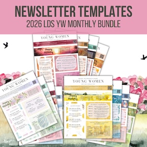 Pode incluir: Um pacote de modelos de newsletter coloridos para Jovens Mulheres, com o texto "NEWSLETTER TEMPLATES 2026 LDS YW MONTHLY BUNDLE". Os modelos incluem seções para atividades, lições dominicais e informações de contato.