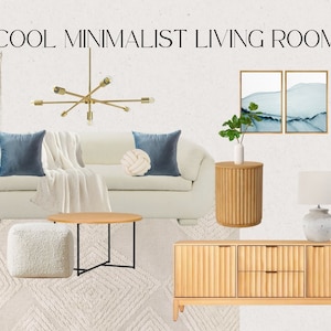 Puede incluir: Un salón minimalista con un sofá blanco, dos cojines azules, una manta blanca, una mesa de centro de madera, un puf blanco esponjoso, un sillón gris, una mesa auxiliar de madera, una lámpara blanca, una consola de medios de madera, una lámpara de araña dorada y dos pinturas abstractas en tonos azules y blancos. La pared es blanca y el suelo está cubierto con una alfombra beige claro.