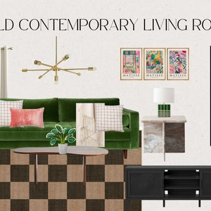 Puede incluir: Un diseño de sala de estar con un sofá de terciopelo verde, un sillón blanco, un centro de entretenimiento negro, una alfombra a cuadros, una mesa de café, una planta, una lámpara de araña dorada y tres impresiones de arte enmarcadas. La pared está pintada de beige. El diseño incluye tres muestras de pintura etiquetadas como "Beigeing", "Meet Cute" y "Money Moves".