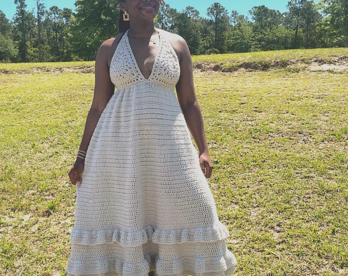 Featured listing image: Dulce Midi Dress Crochet Pattern – PDF Download – Elegant Baby Doll Dress with Custom Fit | That Darn Lady E