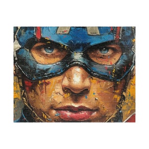 May include: A close-up portrait of Captain America, painted in a colorful, abstract style. The image features his iconic blue, red, and white mask, with splashes of yellow, green, and orange paint.