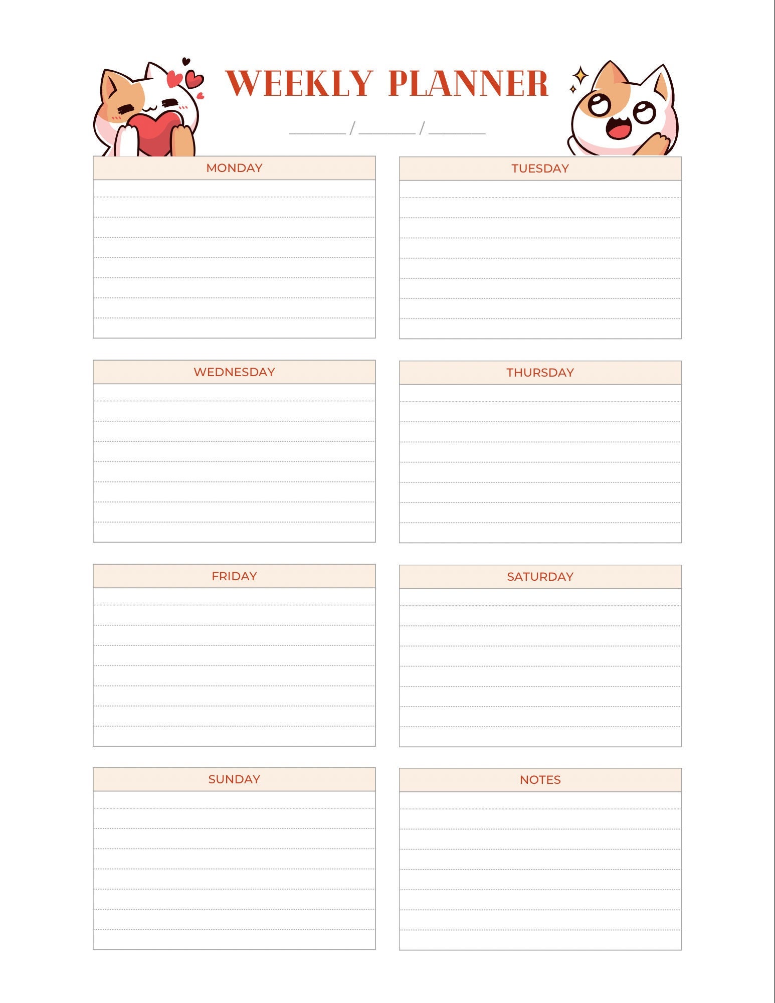 Cute Weekly Kitty Planner -   Daily planner template, Study