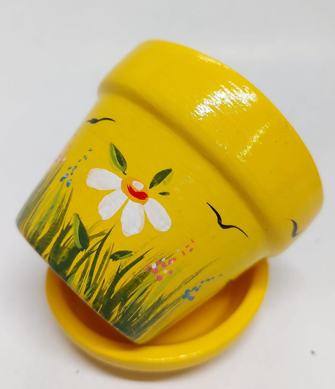 Yellow Pottery Handmade Ceramics Pot Hand Painted White Daisy Etsy