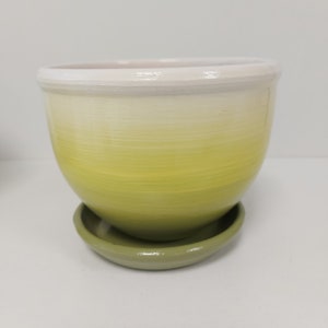 May include: A ceramic plant pot with a matching saucer. The pot has a rounded shape with a white rim and a yellow to green gradient. The saucer is a solid green colour. Suitable for small plants.