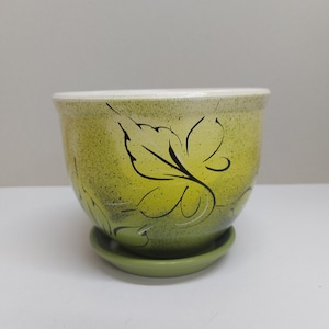 Può includere: Un vaso di ceramica verde con un disegno di foglie in bianco e nero. Il vaso ha un sottovaso abbinato.