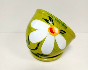 Hand Painted Green Ceramic Pot Daisy Flower Ilustration Indoor Plants Home Decor Bright Colors