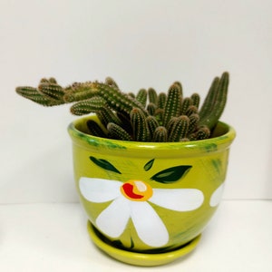 Hand Painted Green Ceramic Pot Daisy Flower Ilustration Indoor Plants Home Decor Bright Colors image 5
