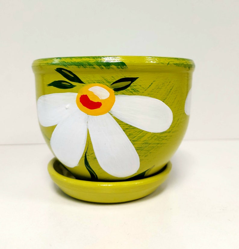 Hand Painted Green Ceramic Pot Daisy Flower Ilustration Indoor Plants Home Decor Bright Colors image 3